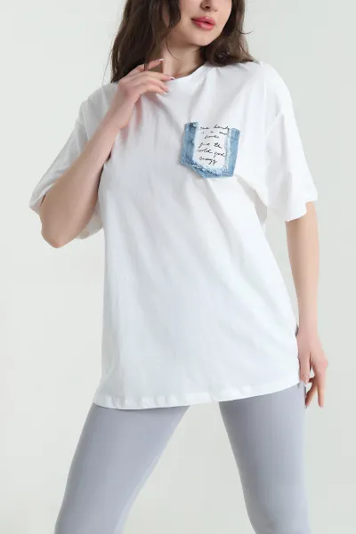 Beyaz Oversize Bisiklet Yaka Süprem Kadın Tişört 452518