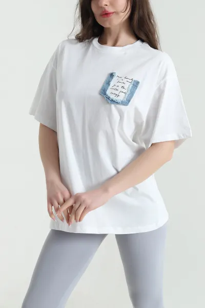 Beyaz Oversize Bisiklet Yaka Süprem Kadın Tişört 452518