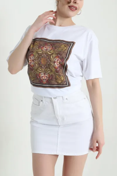 Beyaz Oversize Bisiklet Yaka Taşlı Süprem Kadın Tişört 447100
