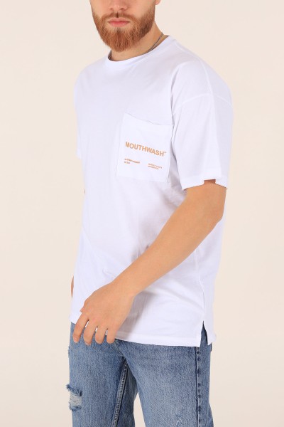 Beyaz Oversize Cep Detay Baskılı Tişört 171978