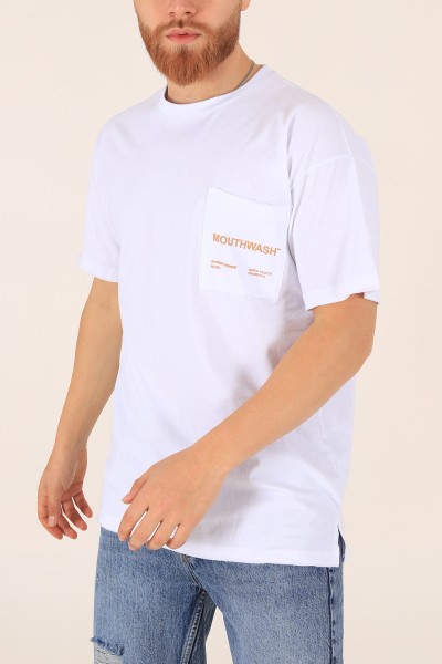 Beyaz Oversize Cep Detay Baskılı Tişört 171978