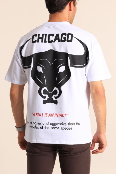 Beyaz Oversize Chicago Baskılı Erkek Tişört 181410