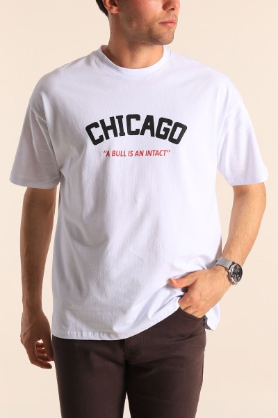 Beyaz Oversize Chicago Baskılı Erkek Tişört 181410
