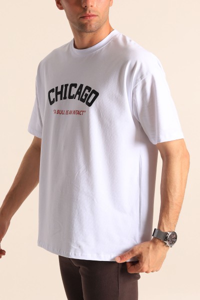 Beyaz Oversize Chicago Baskılı Erkek Tişört 181410