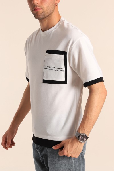 Beyaz Oversize Çift Renk Cepli Erkek Tişört 181832