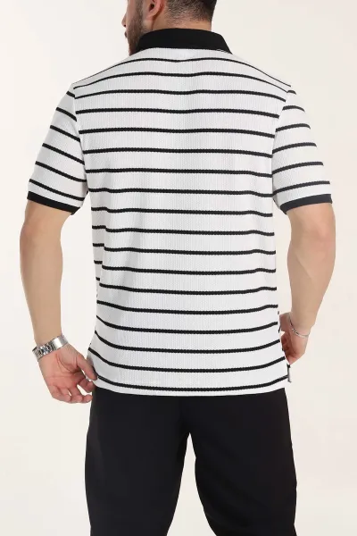 Beyaz Oversize Çizgili Petek Dokulu Polo Yaka Erkek Triko Tişört 354056