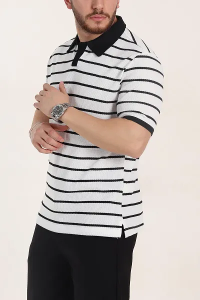 Beyaz Oversize Çizgili Petek Dokulu Polo Yaka Erkek Triko Tişört 354056