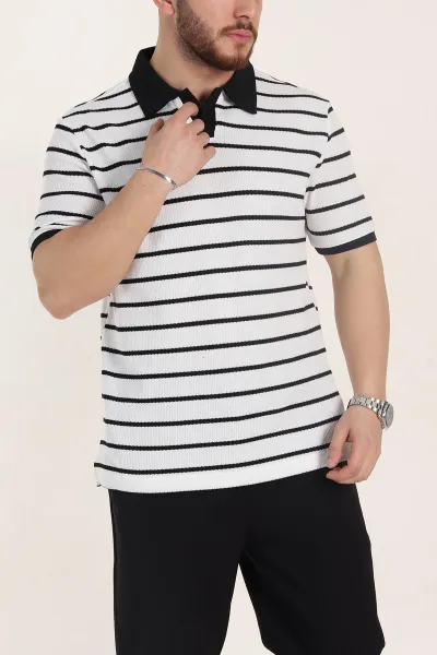 Beyaz Oversize Çizgili Petek Dokulu Polo Yaka Erkek Triko Tişört 354056