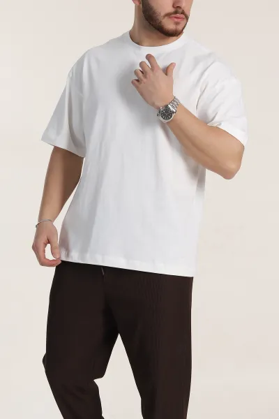 Beyaz Oversize Dikiş Detaylı Basic Erkek Tişört 348839