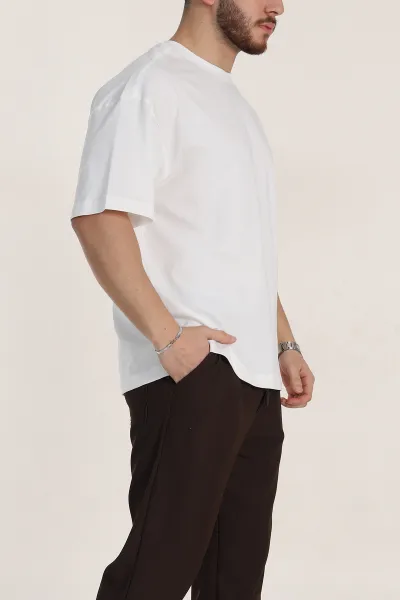 Beyaz Oversize Dikiş Detaylı Basic Erkek Tişört 348839