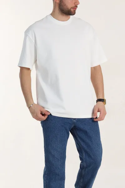 Beyaz Oversize Double Face Kumaş Basic Erkek Tişört 340531