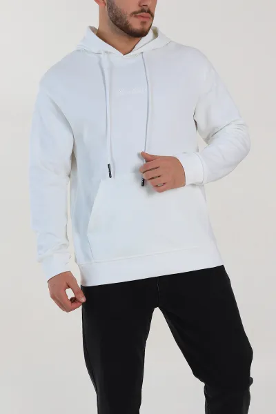 Beyaz Oversize Duble Kumaş Basic Erkek Kapüşonlu Sweatshirt 300189