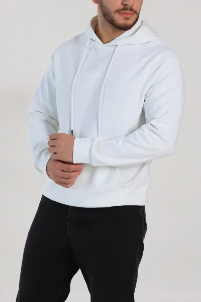 Beyaz Oversize Duble Kumaş Basic Erkek Kapüşonlu Sweatshirt 300189