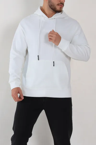 Beyaz Oversize Duble Kumaş Basic Erkek Kapüşonlu Sweatshirt 300189
