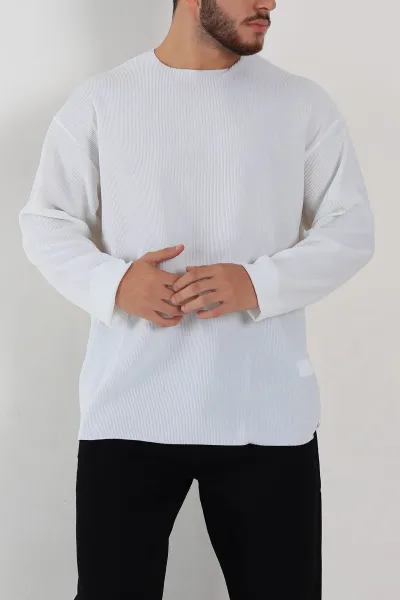 Beyaz Oversize Fitilli Doku Geniş Yaka Erkek Sweatshirt 306962