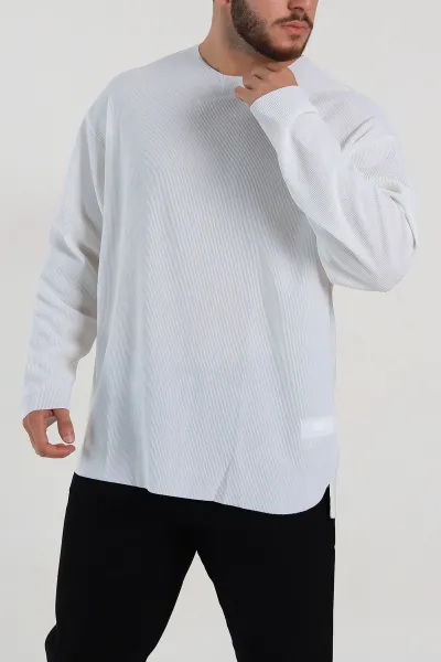 Beyaz Oversize Fitilli Doku Geniş Yaka Erkek Sweatshirt 306962