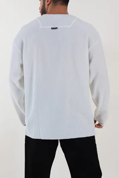 Beyaz Oversize Fitilli Doku Geniş Yaka Erkek Sweatshirt 306962