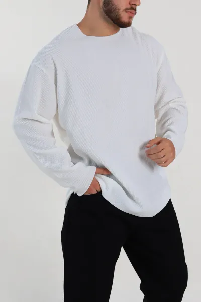 Beyaz Oversize Fitilli Doku Geniş Yaka Erkek Sweatshirt 306962