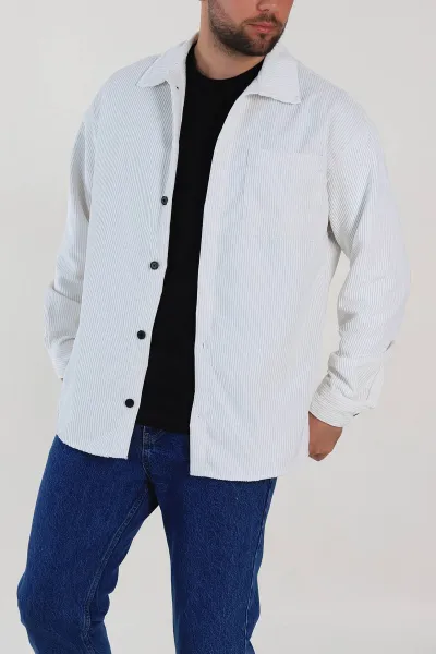 Beyaz Oversize Fitilli Kadife Cep Detaylı Erkek Gömlek 318414