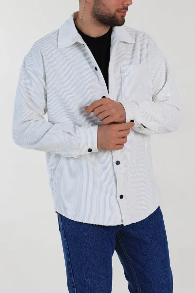 Beyaz Oversize Fitilli Kadife Cep Detaylı Erkek Gömlek 318414