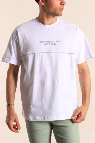Beyaz Oversize Göğüs Kabartma Yazılı Erkek Tişört 184314
