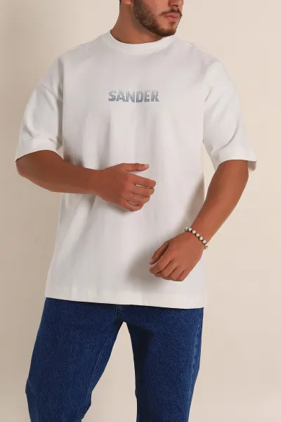 Beyaz Oversize İki İp Kabartma Sırt Baskılı Erkek Tişört 266837
