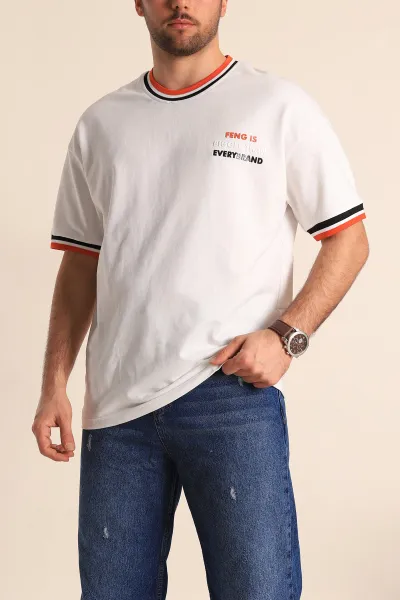 Beyaz Oversize İki İp Kabartma Yazı Detaylı Erkek Tişört 247946