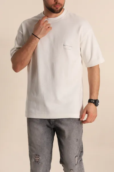 Beyaz Oversize İki İp Kabartma Yazılı Erkek Tişört 266842