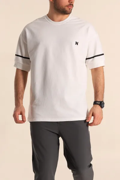 Beyaz Oversize İki İp Kol Lastikli Erkek Tişört 247974