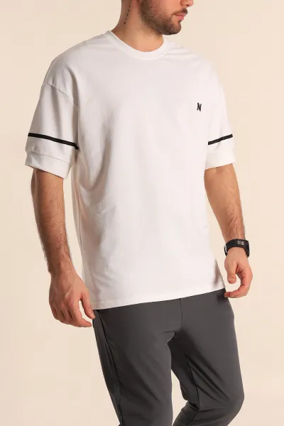 Beyaz Oversize İki İp Kol Lastikli Erkek Tişört 247974