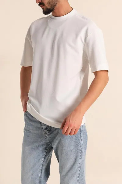 Beyaz Oversize Jakarlı Basic Erkek Tişört 249460