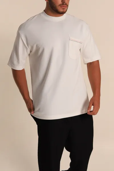 Beyaz Oversize Jakarlı Cep Detaylı Erkek Tişört 285767