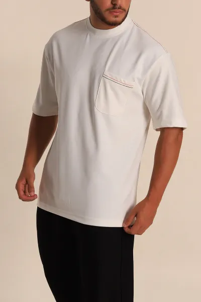 Beyaz Oversize Jakarlı Cep Detaylı Erkek Tişört 285767