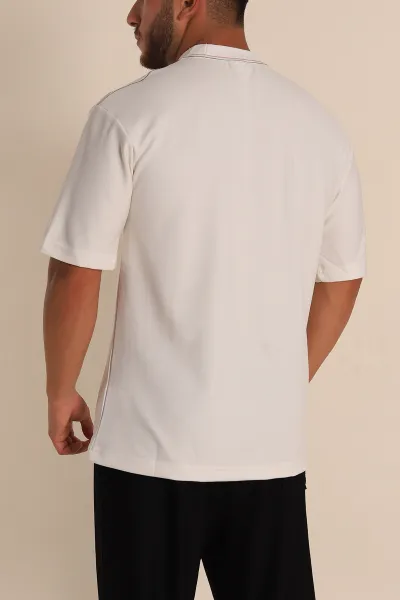 Beyaz Oversize Jakarlı Cep Detaylı Erkek Tişört 285767