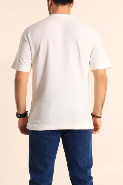 Beyaz Oversize Jakarlı Dikiş Detaylı Erkek Tişört 253354