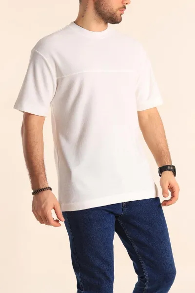 Beyaz Oversize Jakarlı Dikiş Detaylı Erkek Tişört 253354