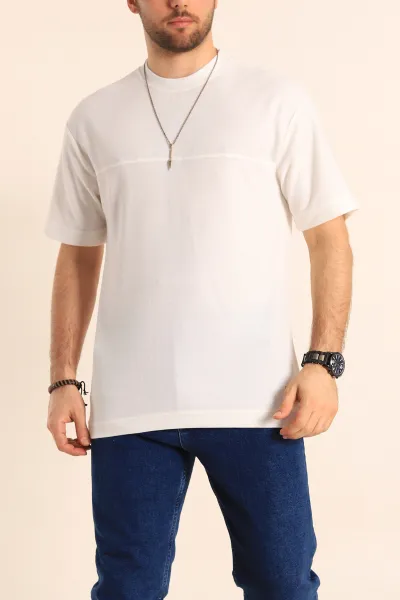 Beyaz Oversize Jakarlı Dikiş Detaylı Erkek Tişört 253354