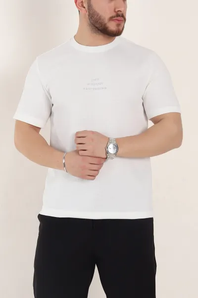 Beyaz Oversize Kabartma Yazı Detaylı Erkek Tişört 354084