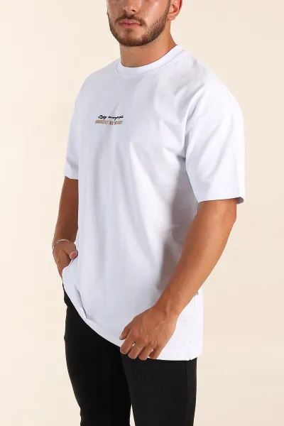 Beyaz Oversize Kabartma Yazı Detaylı Erkek Tişört 358096