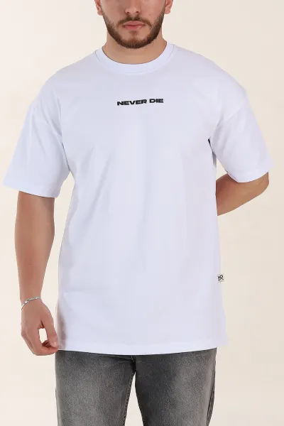 Beyaz Oversize Kabartma Yazı Detaylı Erkek Tişört 358194