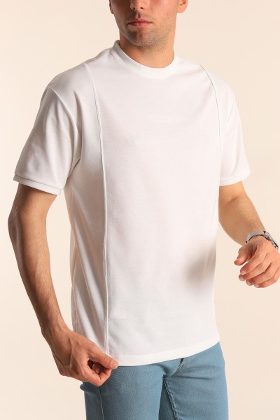 Beyaz Oversize Kabartma Yazılı Dikişli Erkek Tişört 181823
