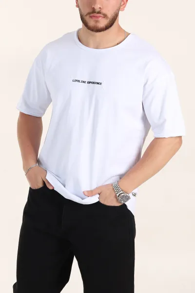 Beyaz Oversize Kabartma Yazılı Yırtık Yaka Detaylı Erkek Tişört 358011