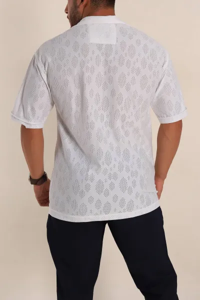Beyaz Oversize Keten Delikli Kısa Kollu Erkek Gömlek 267082