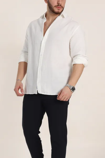 Beyaz Oversize Müslin Keten Uzun Kollu Erkek Gömlek 347737