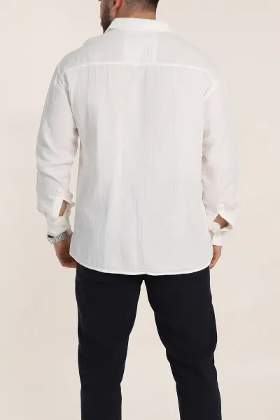 Beyaz Oversize Müslin Keten Uzun Kollu Erkek Gömlek 347737