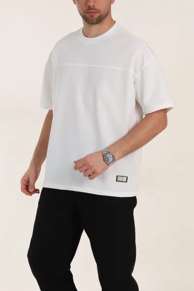 Beyaz Oversize Parçalı Basic Erkek Tişört 351991