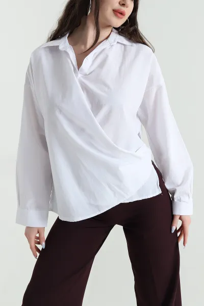 Beyaz Oversize Poplin Kadın Gömlek 448916