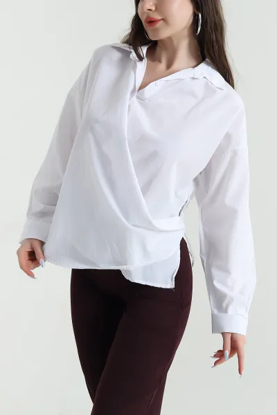 Beyaz Oversize Poplin Kadın Gömlek 448916