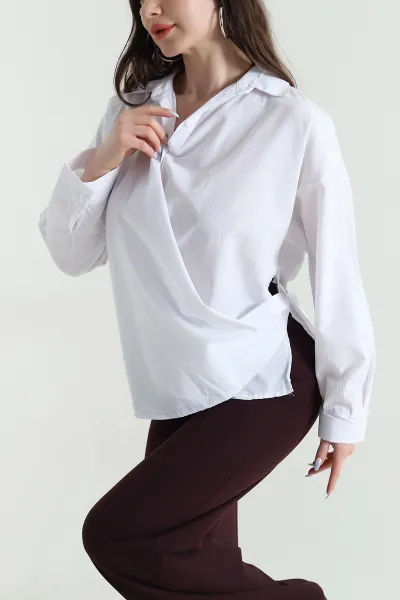Beyaz Oversize Poplin Kadın Gömlek 448916