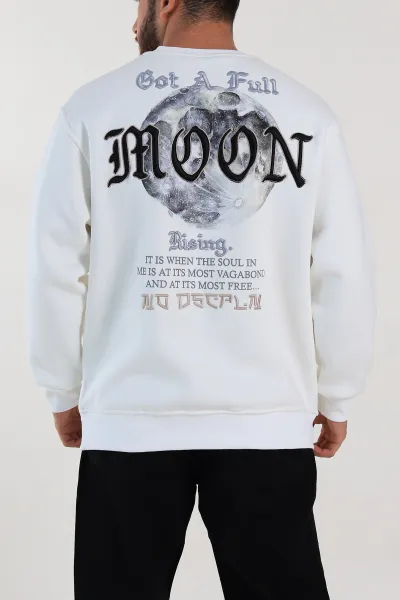 Beyaz Oversize Sırt Nakış Detaylı Baskılı Erkek Sweatshirt 306977